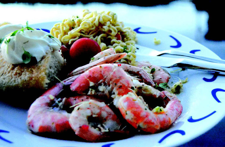 Scampi og nudler med på tur