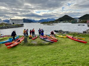 Et dusin kajakker på land i fjæra
